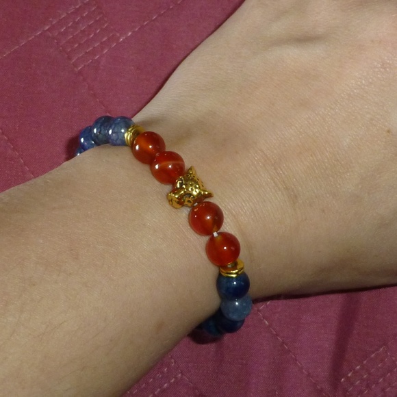 Gold Leopard Head Stone Bead Stretch Bracelet New - Picture 4 of 8